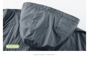 Detail view of the rear hood and breathable wrinkled fabric on the grey sun protection jacket