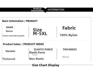 Detailed size chart and specifications for men's heavy winter fleece outdoor jacket