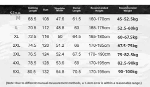 Size chart for outdoor windproof jacket with measurements for M to 5XL and fit suggestions