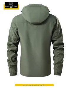 Back view of army green hooded jacket with elastic cuffs and drawstring hood details