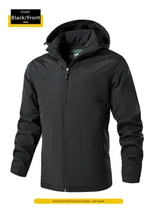 Front view of black hooded winter jacket with windproof fabric and warm fleece lining