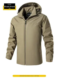 Detail of khaki windproof hooded jacket with high collar and adjustable velcro cuffs