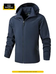 Front view of dark blue men's waterproof padded jacket with hood and warm fleece lining