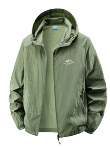 Men's army green sun protection hooded jacket with breathable quick-dry ice silk fabric