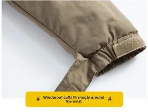 Detail of windproof sleeve cuff with adjustable hook and loop strap on outdoor jacket