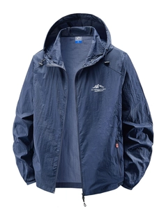 Men's dark blue hooded sun protection jacket with outdoor mountain logo and zip closure