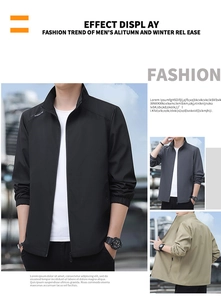 Detailed grid display of high-quality men's stand collar jackets in black, grey, and khaki