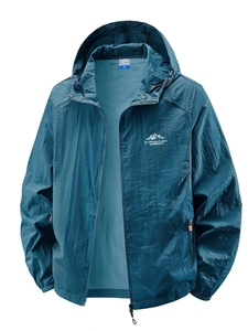 Men's lightweight UV protection sun jacket in dark teal with hood and adventure logo