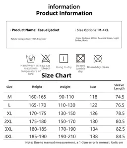 Guide des tailles pour vestes homme avec mesures M-4XL et instructions d'entretien précises