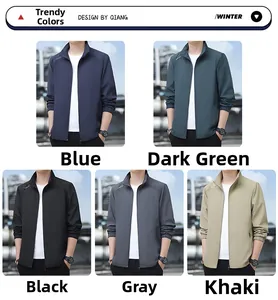Men's windproof casual jacket display in blue, green, black, grey and khaki colors