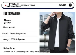 Detailed chart showing 100% polyester fabric material and M-5XL sizing for men's jacket