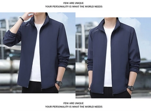 Detailed view of dark blue casual jacket with stand collar and durable metal zipper