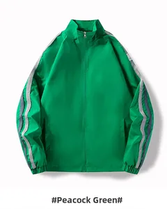 Détail de la veste de sport vert paon avec col montant et bandes sur les manches
