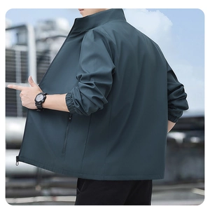 Rear side view of a men's stand collar casual jacket in dark teal with elastic cuffs