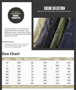 Detailed size chart for men's hooded jacket covering M to 6XL with exact measurements