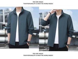 Detail of premium men's stand collar jacket with zipper closure and elastic cuffs