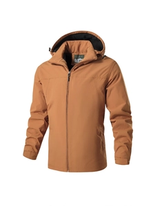 Men's khaki hooded outdoor jacket with windproof fleece lining and adjustable cuffs