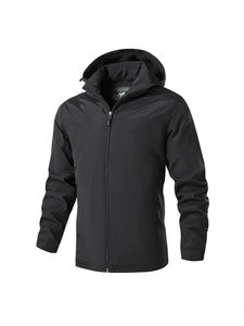 Men's black windproof hooded outdoor jacket with thickened fleece lining and zipper closure