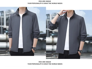 Front and side view of men's casual stand collar jacket with elastic cuffs and print