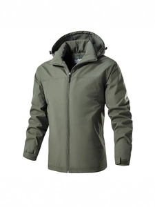 Army green men's hooded tactical windbreaker jacket with premium fleece lining