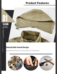 Detail view of khaki work jacket featuring a detachable zippered hood with mesh lining