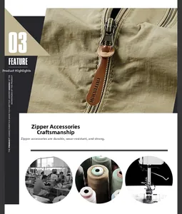 Detail of khaki outdoor jacket showing durable metal zipper with leather pull tab