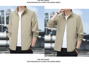 Detailed front and side views of a khaki men's stand collar jacket with metal zipper