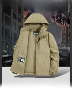 Detail of khaki outdoor jacket with breathable mesh lining and windproof nylon texture