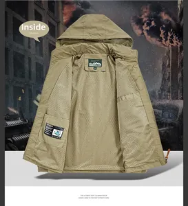 Detail of khaki outdoor jacket showing breathable mesh lining and inner pocket