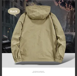 Back view of khaki men's windbreaker jacket showing elastic cuffs and hooded design