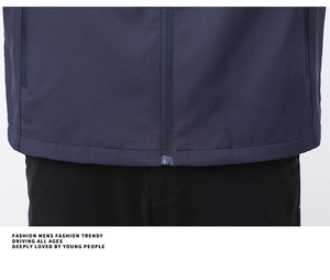Close-up of a high-quality navy blue men's casual jacket featuring premium zipper details