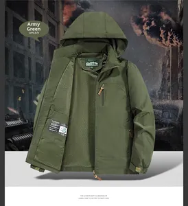 Detail view of army green tactical jacket featuring breathable mesh lining and zippered pockets