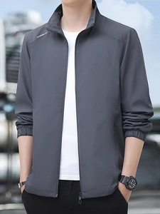 Men's dark gray outdoor casual jacket with stand collar and zip-up windproof fabric