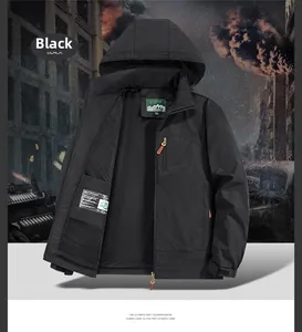 Detail of black outdoor hooded jacket with chest zipper pocket and mesh lining