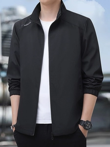 Men's high-quality black outdoor sports jacket with stand collar and shoulder print