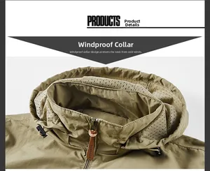 Detail of khaki outdoor jacket showing windproof stand collar and mesh lining