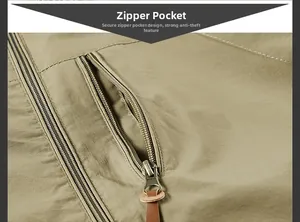 Macro detail of khaki outdoor jacket showing secure zipper pocket with leather puller