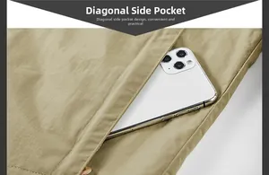 Close-up of a side slant pocket on a khaki outdoor jacket showing fabric texture