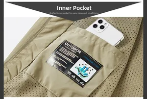 Detail view of khaki jacket interior featuring breathable mesh lining and inner phone pocket