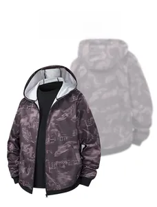 Detail of purple hooded jacket featuring white feather prints and ribbed cuffs design