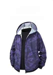 Detailed view of the purple hooded jacket with feather patterns and windproof fabric