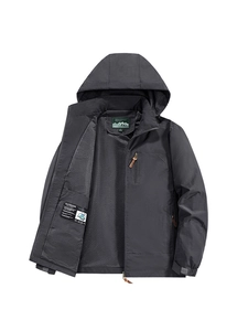 Men's dark grey outdoor hooded jacket with breathable mesh lining and windproof fabric