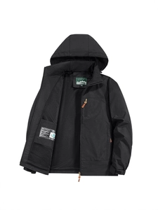 Men's black outdoor hooded windbreaker jacket with breathable mesh lining and chest pocket