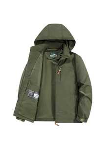 Men's outdoor hooded jacket in military green with windproof fabric and mesh lining