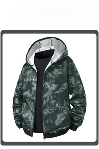 Detail of men's dark green hooded jacket with feather patterns and ribbed cuffs