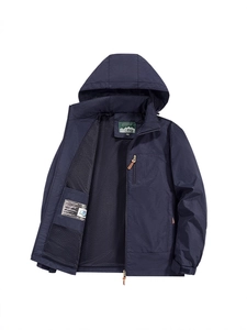 Men's outdoor windproof hooded jacket in dark blue with breathable mesh lining