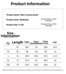 Detailed size chart for men's casual jacket with 100% polyester material specifications