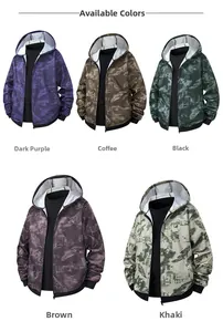 Detailed grid of men's camouflage hooded jackets in dark purple, brown, and khaki colors