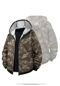 Close-up of coffee brown hooded jacket with feather camo print and zipper detail