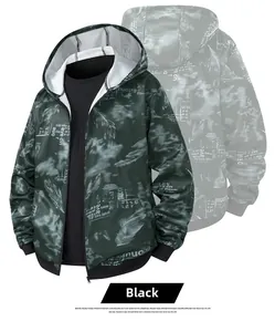 Detail of men's camouflage hooded jacket with feather print and black ribbed cuffs
